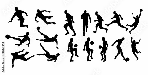 vector set of soccer player silhouettes, players kick the ball with several styles, such as somersaults, dribling, running, passing and catching the ball.