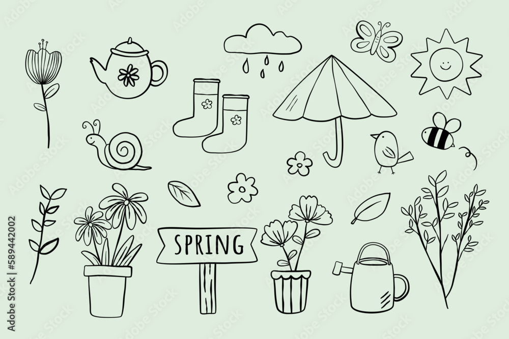 Vetor de Spring items set in hand drawn style. Cartoon outline ...