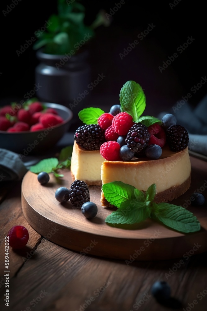 Round whole cheesecake with forest berries and mint, summer pie, homemade dessert. Creamy mascarpone cheese cake on dark table. Appetizing pie close-up view. Image is AI generated