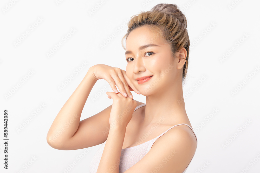 Happy beautiful young asian woman clean fresh bare skin concept. Asian girl beauty face skincare and health wellness, Facial treatment, Perfect skin, Natural make up. Isolated on white background.