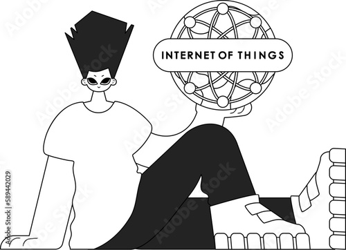 A man brandishing a logo for the Internet of Things in a vector linear style