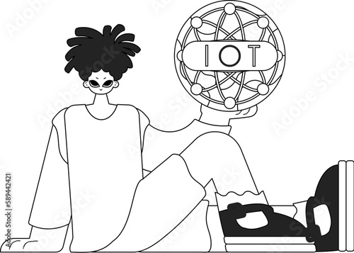 Person displaying an IoT logo in a vector, line drawn illustration photo