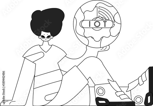 Illustration of man with an internet of things logo in a linear vector style