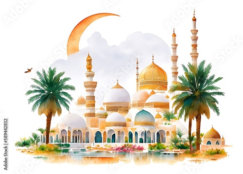 Amazing Islamic Gold white Mosque pastel watercolor illustration with tropical plant. Suitable for Islamic events Eid Al Fitr, Eid Al Adha, Ramadan, Islamic New Year, Mawlid. Generative AI photo