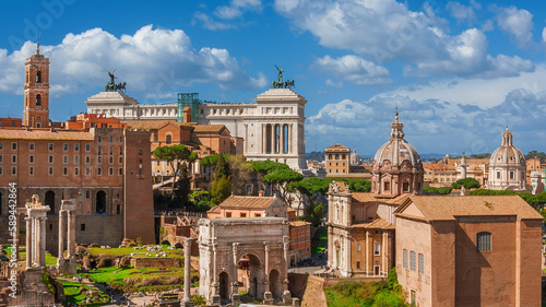 Fotografiet Ancient ruins, classical monuments, renaissance tower and baroque domes in the h