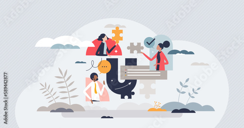 Cross functional team collaboration as effective teamwork tiny person concept. Business cooperation and company group management for common project vector illustration. Work partners communication.