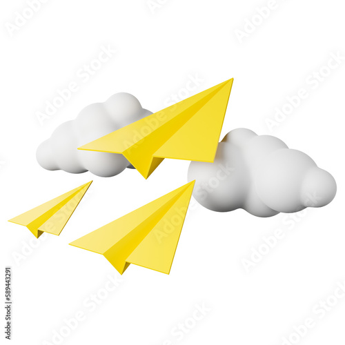 Yellow paper airplane and cloud, 3D rendering illustration.