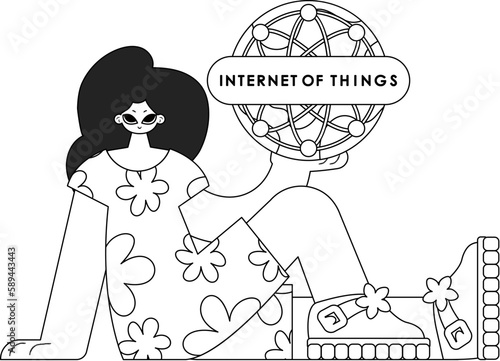 Girl clutching IoT symbol, linear vector illustration