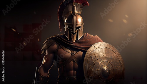 Obraz na płótnie Illustration of spartan warrior in armor with shield (ai generate)