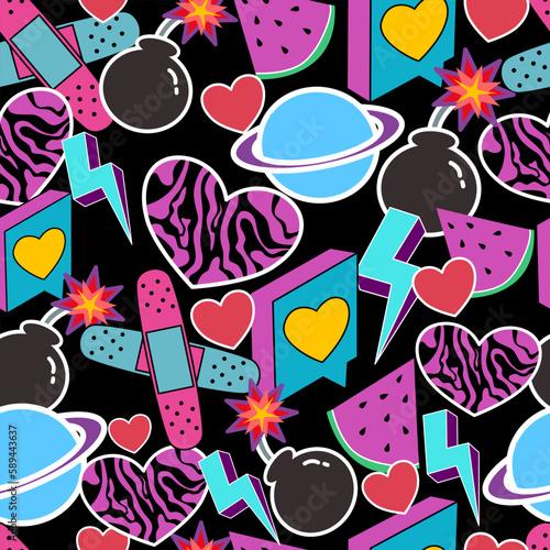 Abstract pattern hipster cool trendy Background With Retro Stickers Vector Design. Cool trendy retro stickers with heart, cartoon comic label patches. Funky, hipster retrowave stickers pattern