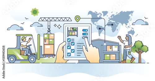 Inventory management and digital warehouse control work outline concept. Logistic and distribution with fast order collecting and handling from stock vector illustration. Shelf system organization.