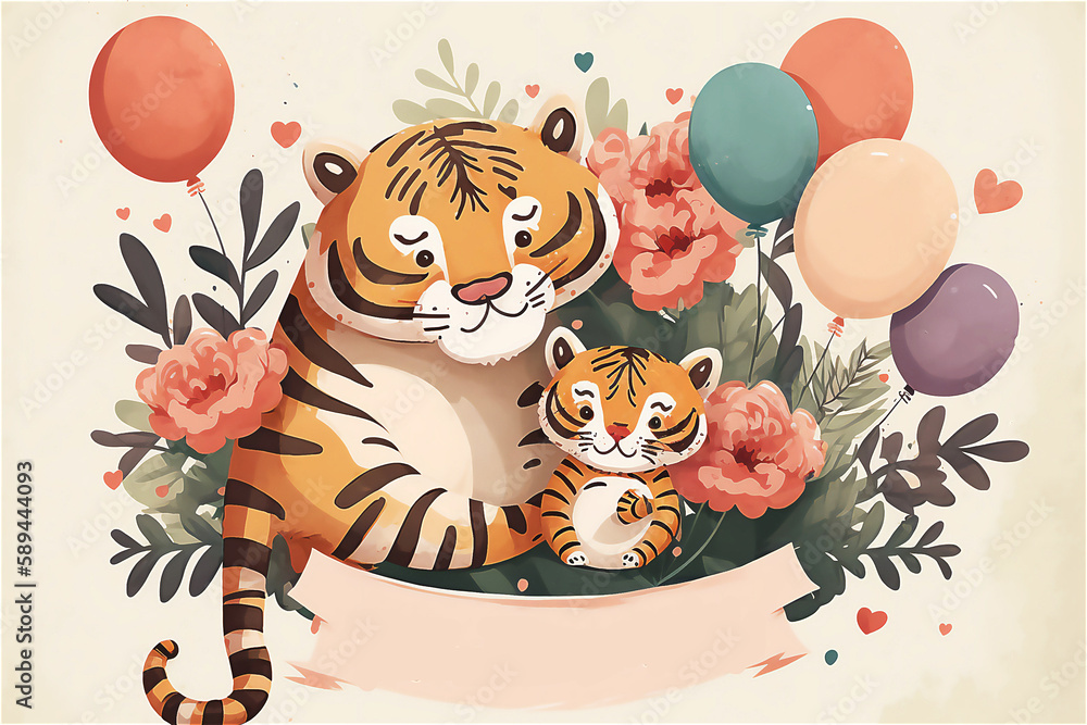 Tiger mother and baby. Cute cartoon tiger family. Greeting card