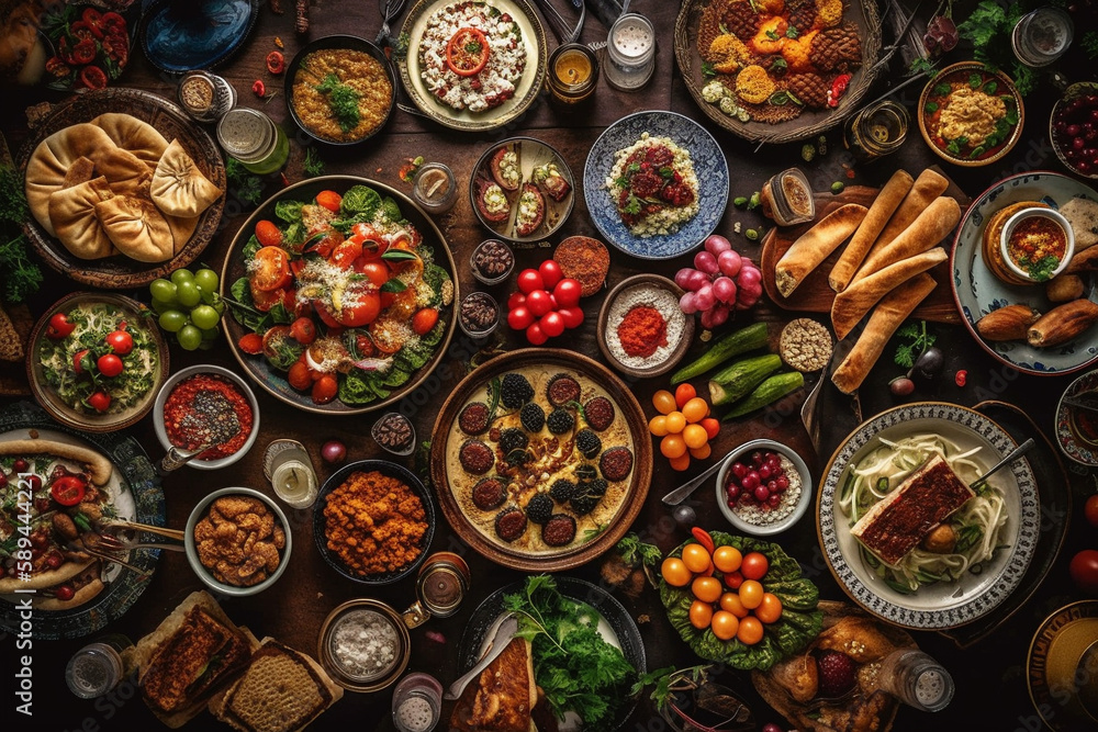 Fototapeta premium Traditional Turkish celebration dinner. Flat-lay of peopleeating Turkish salads, cooked vegetables, meze starters, pastries and drinking raki drink, top view. Middle Eastern cuisine