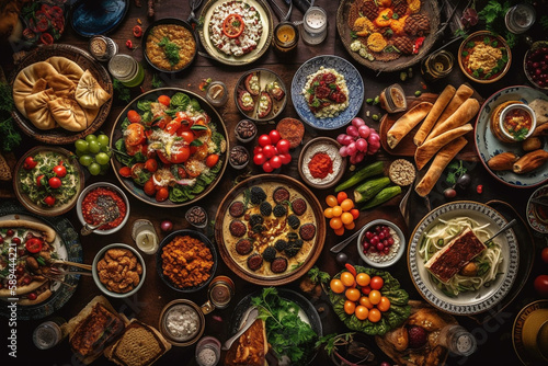 Traditional Turkish celebration dinner. Flat-lay of peopleeating Turkish salads  cooked vegetables  meze starters  pastries and drinking raki drink  top view. Middle Eastern cuisine