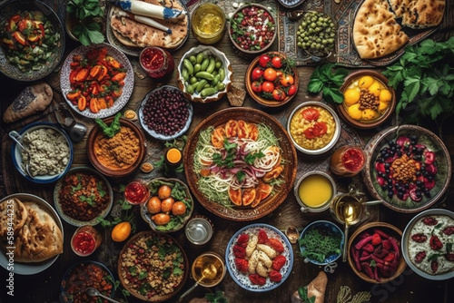 Traditional Turkish celebration dinner. Flat-lay of peopleeating Turkish salads, cooked vegetables, meze starters, pastries and drinking raki drink, top view. Middle Eastern cuisine