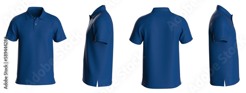 Polo T-shirt template, from four sides, isolated on white background. Blue Color