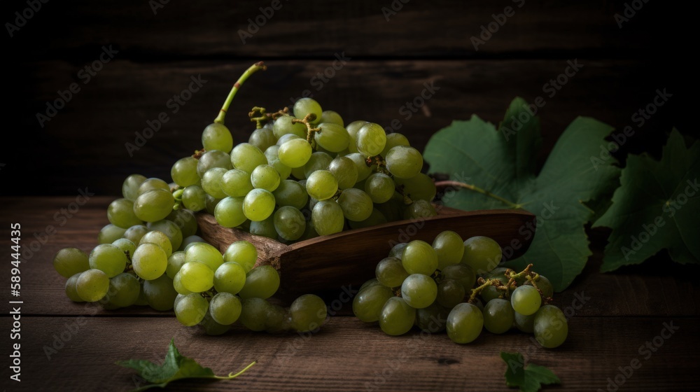 A Bunch of Fresh Green Grapes with Leaves Arranged on a Generative Canvas A Bunch of Fresh Green Grapes with Leaves Arranged on a Generative Canvas