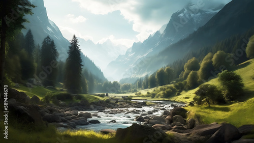 Scenic View of river on rocky mountains against misty sky during early summer, Autumn, generative ai