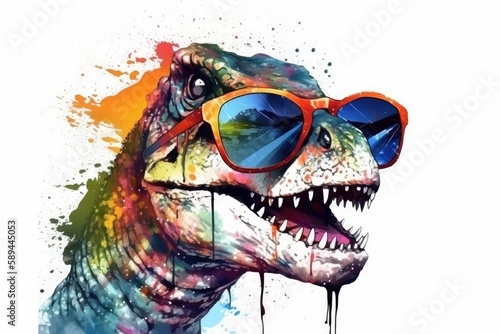 T-rex in sunglasses realistic with paint splatter abstract