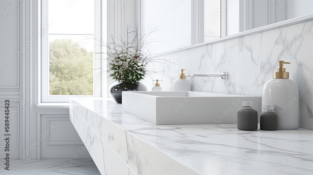 Naklejka premium White bathroom interior, empty marble table. Generative AI