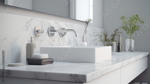 White bathroom interior, empty marble table. Generative AI © AdriFerrer