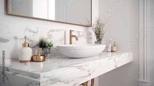 Fotografia, Obraz White bathroom interior, empty marble table. Generative AI