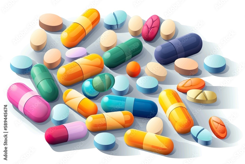 Colorful pills for drugs on a white background, pharmaceutical concept, medical supplies, pharmaceutics. ai generated.