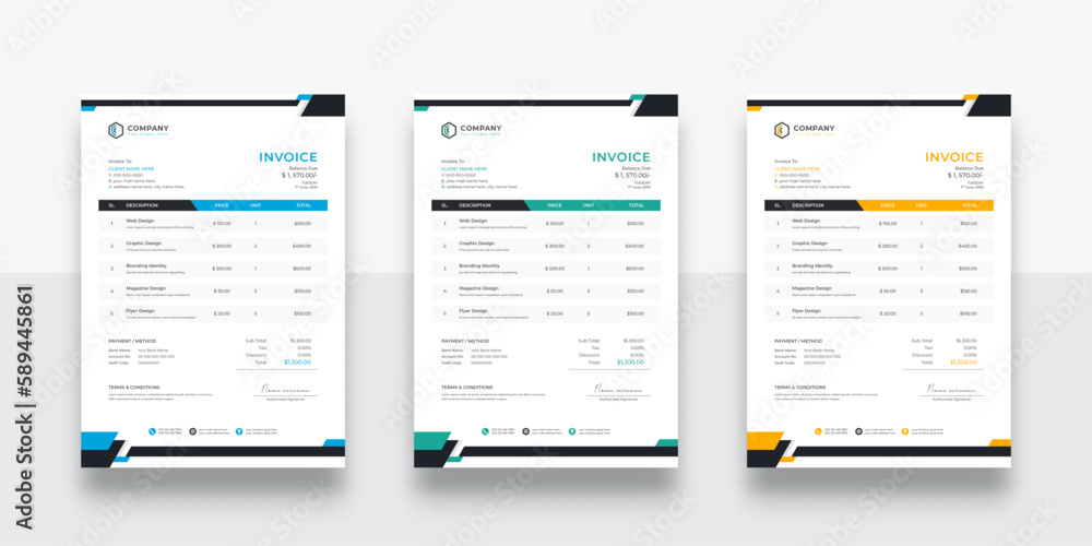 Professional and Clean Creative Corporate Business Invoice design template. Quotation Invoice Layout Template Paper Sheet Include Accounting, Price, Tax, and Quantity. With color variation Vector illu