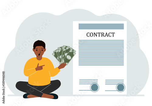 A man receives money for a deal. Next to it is a large contract with seals. The concept of a financial agreement, signing a contract or a deal.