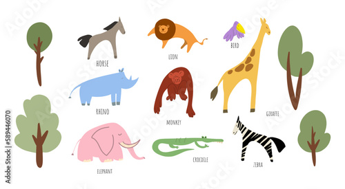 vector savanna animals clip art illustrations, doodle drawings of zebra, crocodile, horse, lion, giraffe, monkey, elephant, bird, rhino, trees, stickers for notebook, cute characters for children 