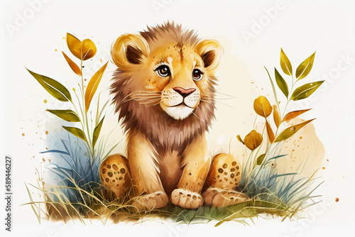 Watercolor little lion sitting in gras. Generative ai.