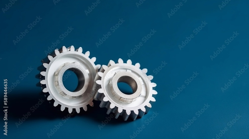 Two white gears on a blue background with a space for copying. Generative AI. Two white gears on a blue background with a space for copying. Generative AI.