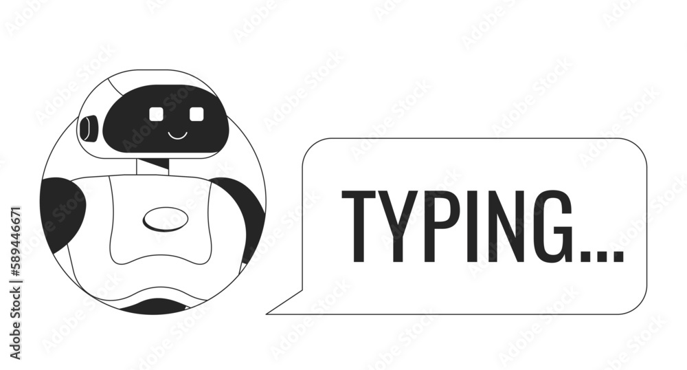 AI chatbot typing black and white concept vector spot illustration. Editable 2D flat monochrome cartoon character for web design. Machine learning line art idea for website, mobile. Oswald font used AI chatbot typing black and white concept vector spot illustration. Editable 2D flat monochrome cartoon character for web design. Machine learning line art idea for website, mobile. Oswald font used