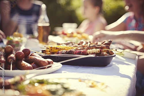 Barbecue food on the table. Happy family at the table, summer vacation. Generative AI