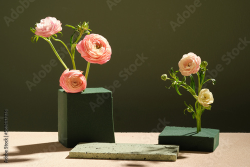 Beautiful Persian Buttercup flowers are arranged in block of floral foam. Empty space on the stone podium to display your product