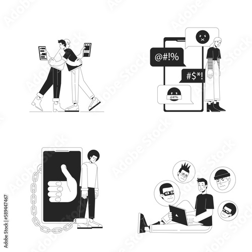 Dangers of using internet nowadays black and white concept vector spot illustration set. Editable 2D flat monochrome cartoon characters for web design. Line art ideas pack for website, mobile, blog