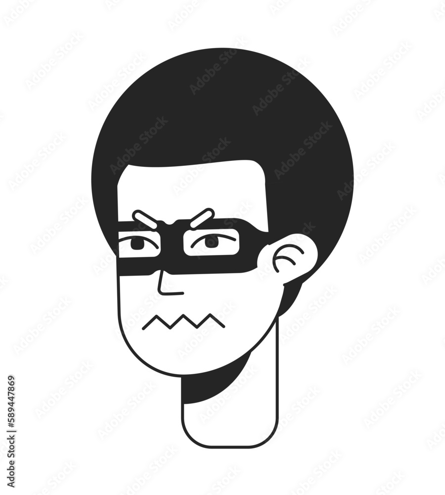 Kinky haired gang member feeling angry monochromatic flat vector character head. Black white avatar icon. Editable cartoon portrait. Lineart ink spot illustration for web graphic design, animation