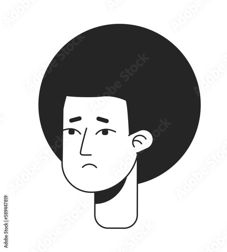 Downcast man with kinky hairstyle monochromatic flat vector character head. Black white avatar icon. Editable cartoon user portrait. Lineart ink spot illustration for web graphic design, animation