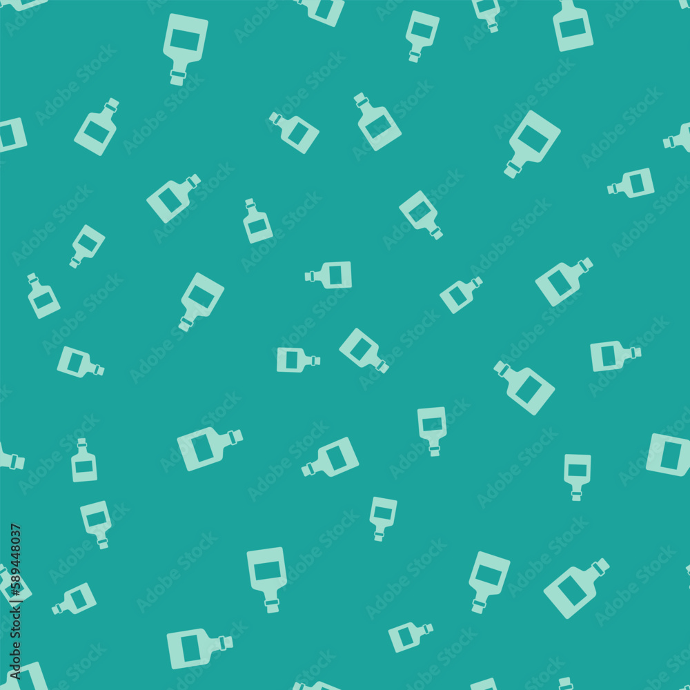 Green Alcohol drink Rum bottle icon isolated seamless pattern on green background. Vector