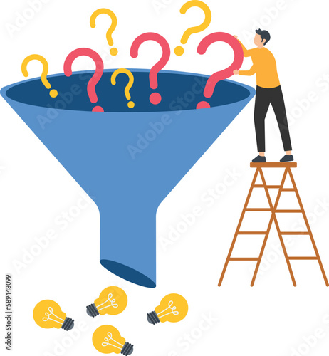 Solving problems, solutions or results from business difficulty, researching or discovering new ideas, creativity to answer questions, funnels or filters to get solutions
