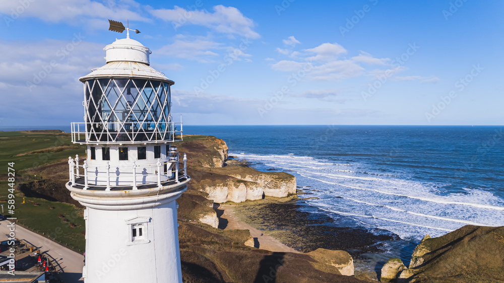 The lighthouse tower on the North Sea coastline at Flamborough Head, Yorkshire, England. High quality photo The lighthouse tower on the North Sea coastline at Flamborough Head, Yorkshire, England. High quality photo