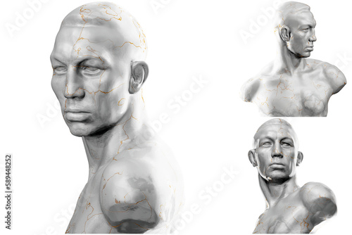 3D render of a boxer statue with stone texture and gold accents. Ideal for sports and fitness design projects..