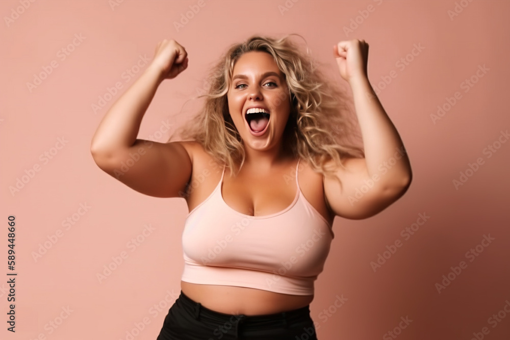 Woman celebrating body positivity and fitness in a studio. Generative AI Woman celebrating body positivity and fitness in a studio. Generative AI