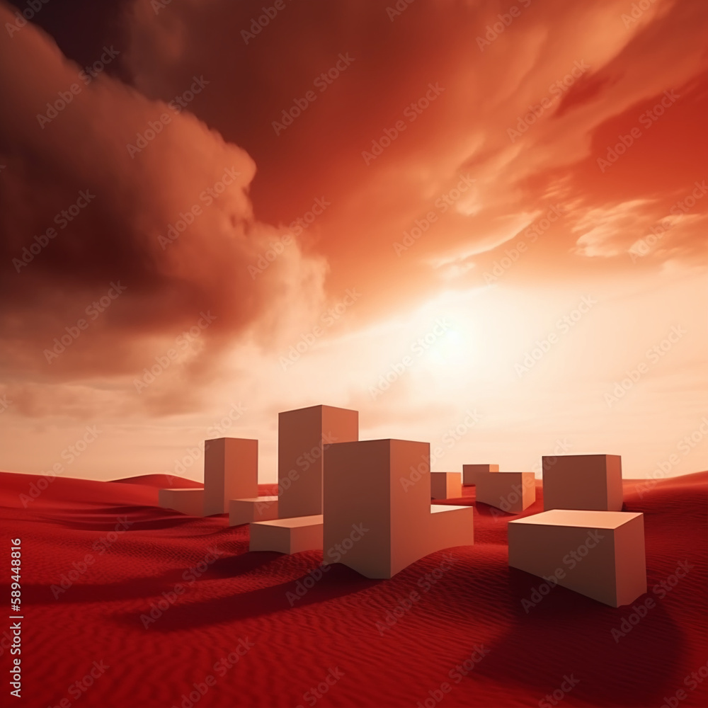 On the desert, you can see many red shapes - squares and rectangles arranged next to each other. In the background, there is a red-tinted cloud, adding even more intensity to the landscape.
