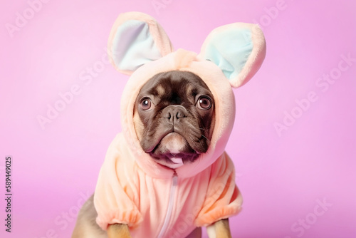 French Bulldog dog puppy wearing pink Easter bunny hoodie with ears. Generative AI illustration © Firn