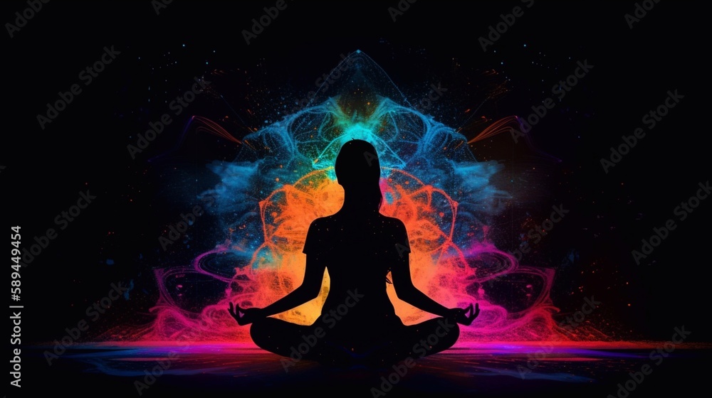 A woman sitting in the lotus pose in yoga and her connection to the universe. Generative AI. A woman sitting in the lotus pose in yoga and her connection to the universe. Generative AI.