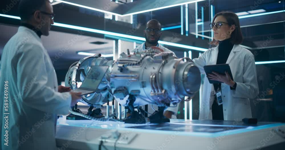 Smart Team of Engineers, Tech Scientist and Machinery Operators Collaborate on a New Type of a Electric Turbine Engine, Using Computers and Measuring Tools in Scientific Technology Lab Smart Team of Engineers, Tech Scientist and Machinery Operators Collaborate on a New Type of a Electric Turbine Engine, Using Computers and Measuring Tools in Scientific Technology Lab