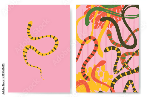 Set of posters with snakes  cacti and flowers. Reptiles with desert plants. Vector snakes in a minimalist style.