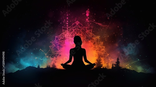 A woman sitting in the lotus pose in yoga and her connection to the universe. Generative AI.