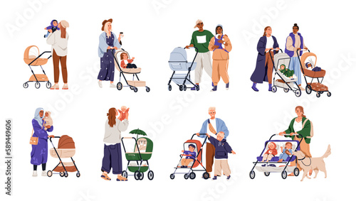 Parents with babies in prams set. Mothers, fathers walking with strollers, infants outdoors. Happy families, newborn kids in pushchairs. Flat graphic vector illustrations isolated on white background